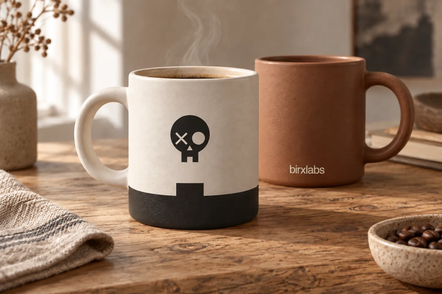Two ceramic mugs on an oak table: a paper-white mug with the Birxlabs skull and a stepped black base, and a clay mug with the birxlabs wordmark.